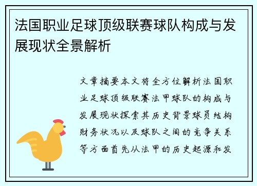 法国职业足球顶级联赛球队构成与发展现状全景解析