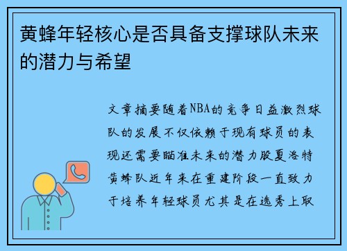 黄蜂年轻核心是否具备支撑球队未来的潜力与希望