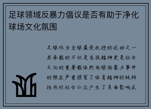 足球领域反暴力倡议是否有助于净化球场文化氛围